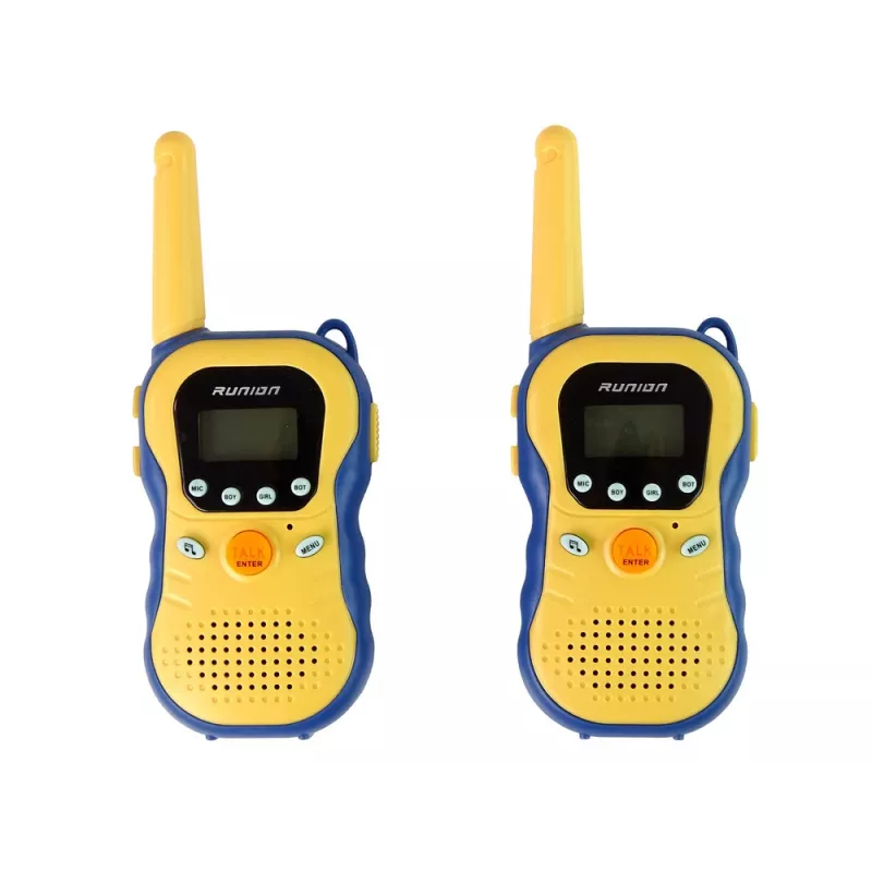LEAN TOYS Walkie-talkies para niños amarillos - Set de radiotransmisores PMR446 con 8 canales, hasta 3 km de alcance, LCD iluminado, linterna, VOX, clip de cinturón - 2 unidades