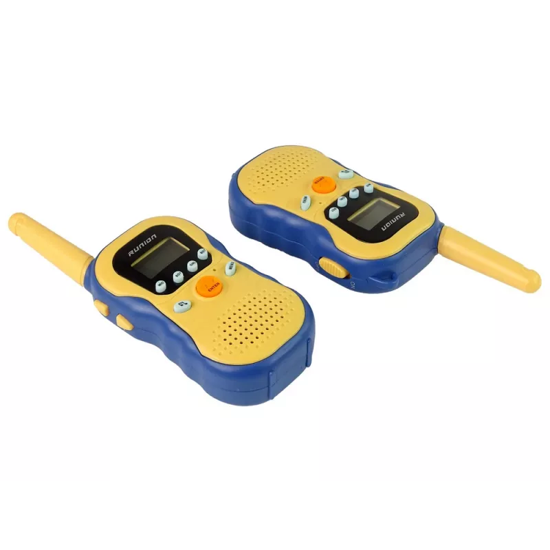 LEAN TOYS Walkie-talkies para niños amarillos - Set de radiotransmisores PMR446 con 8 canales, hasta 3 km de alcance, LCD iluminado, linterna, VOX, clip de cinturón - 2 unidades