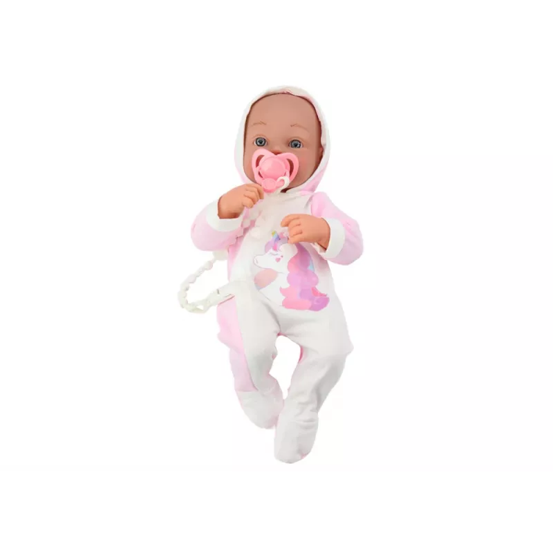 LEAN TOYS Muñeca bebé con chupete, pelele de unicornio, manta rosa y accesorios, 35 cm