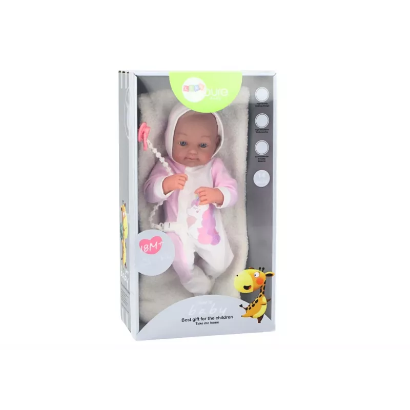 LEAN TOYS Muñeca bebé con chupete, pelele de unicornio, manta rosa y accesorios, 35 cm