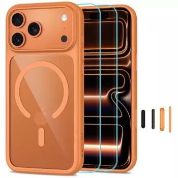 TECH-PROTECT MAGONE Funda MagSafe con pack de 2 protectores de pantalla de cristal templado para iPhone 17 Pro / 18 Pro – Cosmic Orange/Transparente