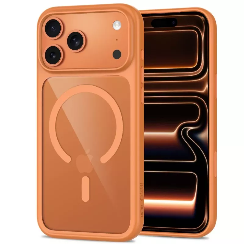 TECH-PROTECT MAGONE Funda MagSafe con pack de 2 protectores de pantalla de cristal templado para iPhone 17 Pro / 18 Pro – Cosmic Orange/Transparente