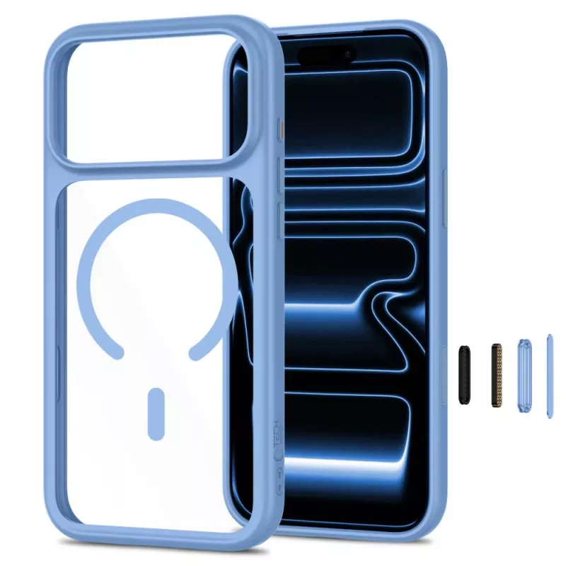 TECH-PROTECT MAGONE Funda MagSafe transparente con pack de 2 protectores de pantalla de cristal para iPhone 17 Pro Max / 18 Pro Max – Azul claro