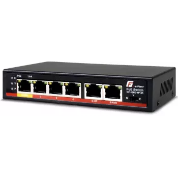 GETFORT GF-106D-4P-65 switch Fast Ethernet PoE+ de 6 puertos con 4 puertos PoE y 2 puertos uplink, presupuesto 65W, sobremesa metálico