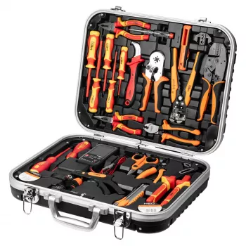 NEO TOOLS maletín de herramientas de electricista de 25 piezas, herramientas manuales aisladas VDE con comprobador de tensión, pelacables, alicates, destornilladores y accesorios en maletín de plástico resistente