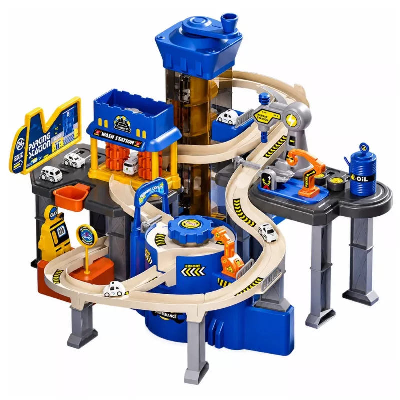 LEAN TOYS set de juego interactivo: aparcamiento, taller y túnel de lavado con 8 coches azules