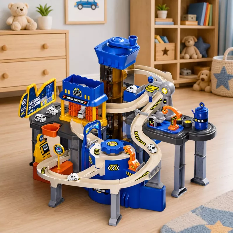 LEAN TOYS set de juego interactivo: aparcamiento, taller y túnel de lavado con 8 coches azules