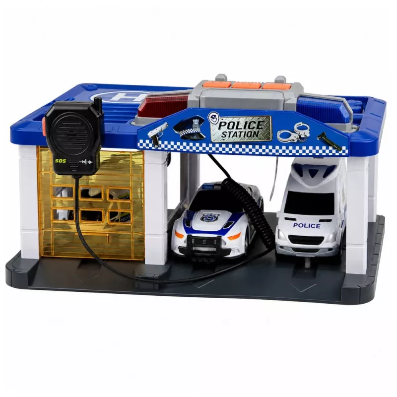 LEAN TOYS garaje comisaría de policía con 2 coches, helicóptero, walkie-talkie, luz y sonido | 31588