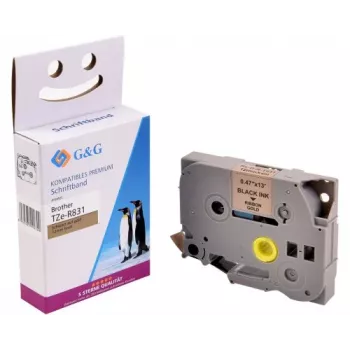 G&G Cinta de etiquetar de satén compatible con Brother TZe-R831, oro sobre negro, 12mm x 4m
