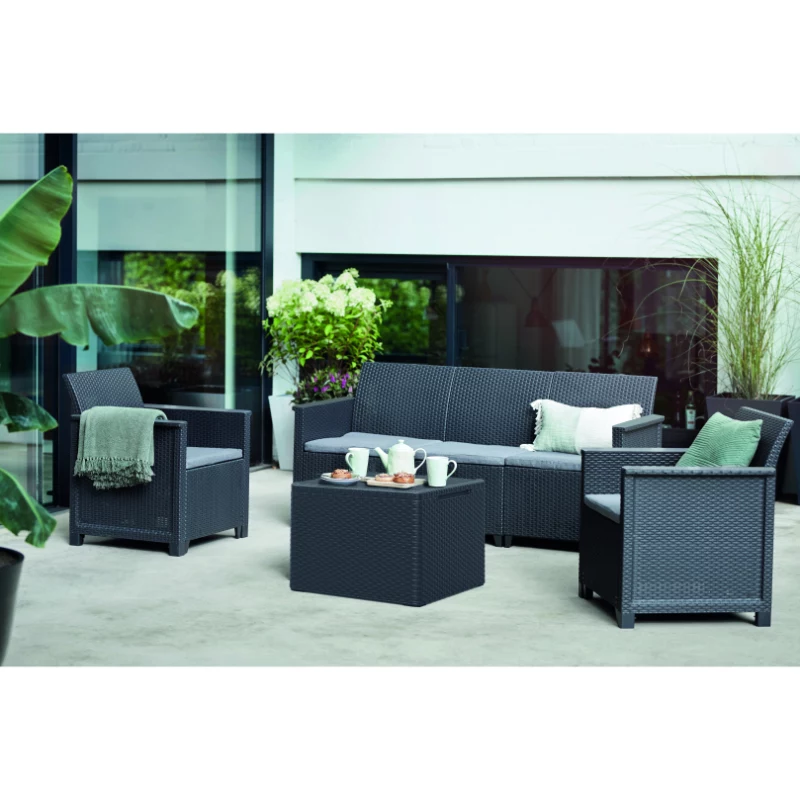 KETER conjunto de muebles de jardín Elodie 5 plazas con mesa/baúl de almacenamiento gris