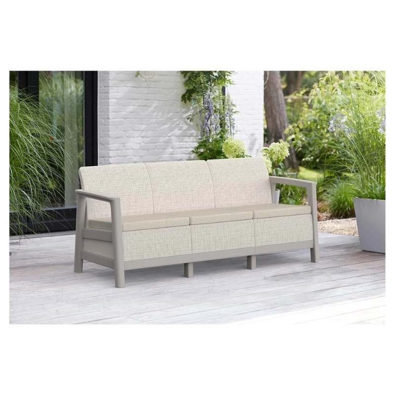 KETER sofá de jardín de tres plazas Scandi Linea sofá de 3 plazas gris guijarro/beige claro