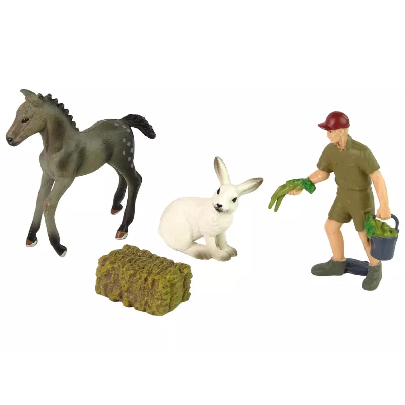 LEAN TOYS Set de figuras de animales Caballo Conejo gris Granjero