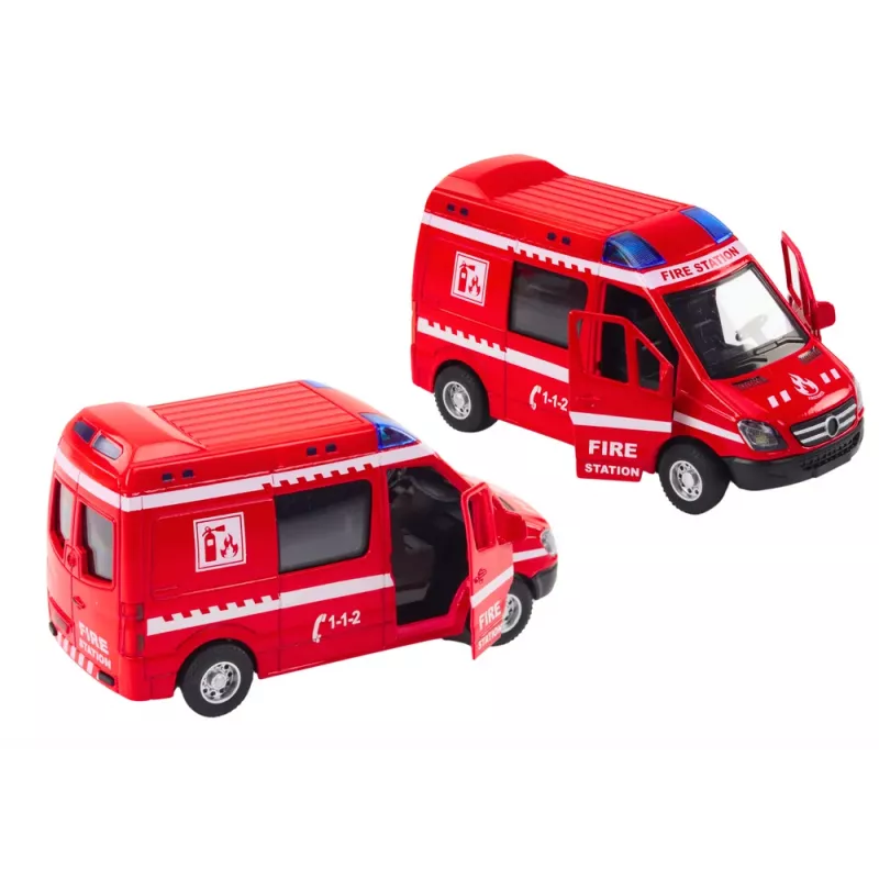 LEAN TOYS Camión de bomberos 1:32 con puertas que se abren, luz y sonido, motorizado, Rojo