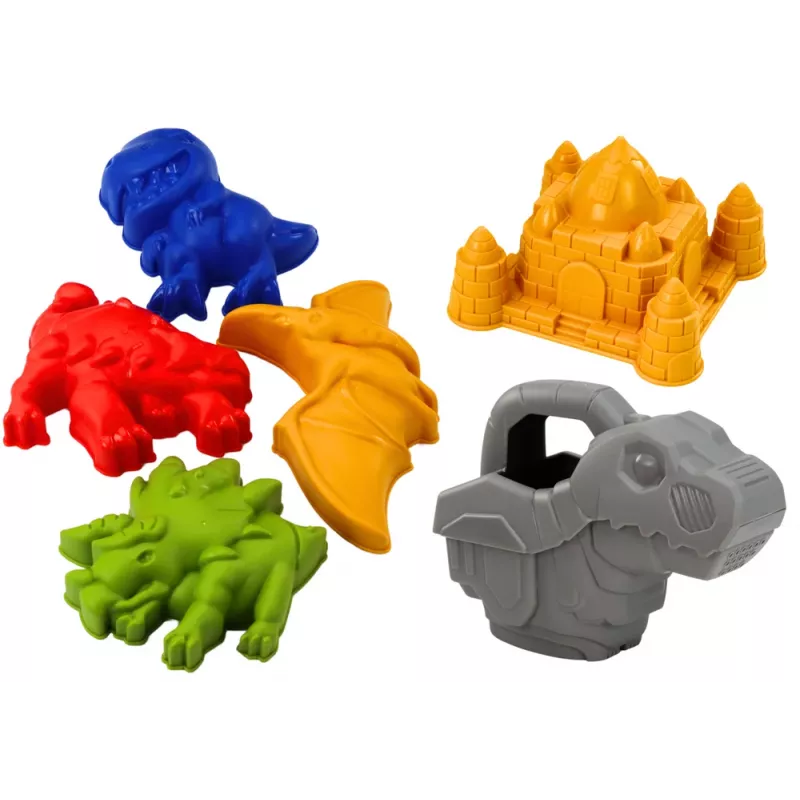 LEAN TOYS Set de cubo de arena con ducha, pala, rastrillo, moldes, dinosaurio