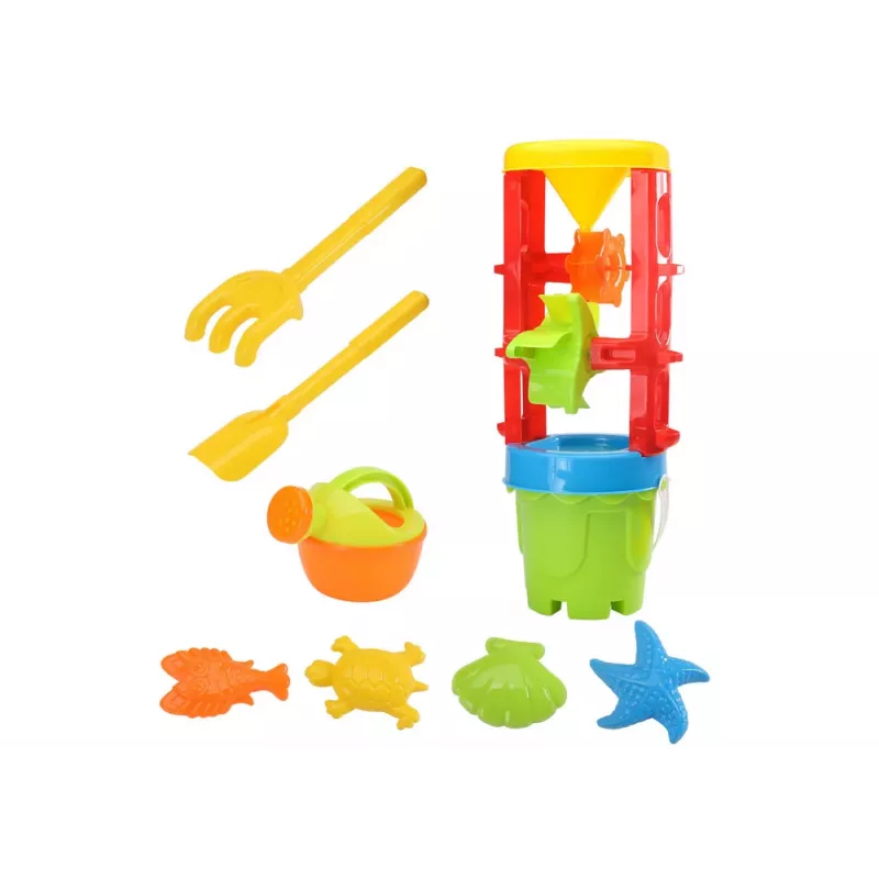 LEAN TOYS 18546 Set de juguetes de arena con gran molino de arena, cubo y moldes multicolor – Set de juego de playa y arenero de 7 piezas para niños a partir de 12 meses