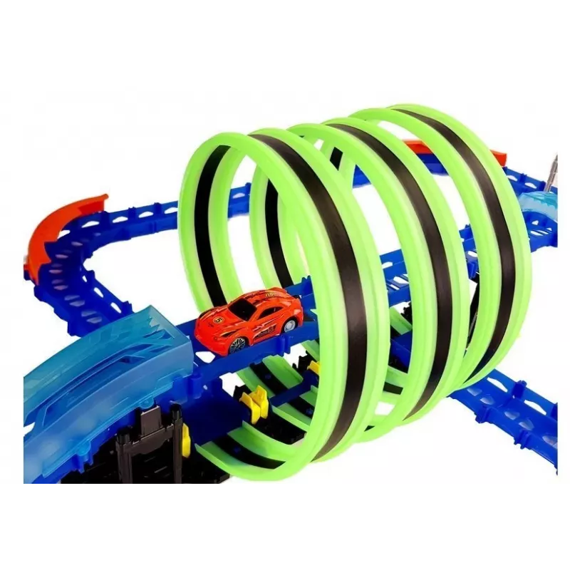 LEAN TOYS Circuito de carreras que brilla en la oscuridad, con loops y coche teledirigido