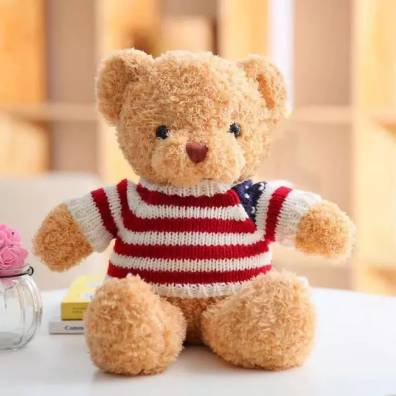 LEAN TOYS Mascota de peluche osito de peluche con camiseta de rayas crema 32cm