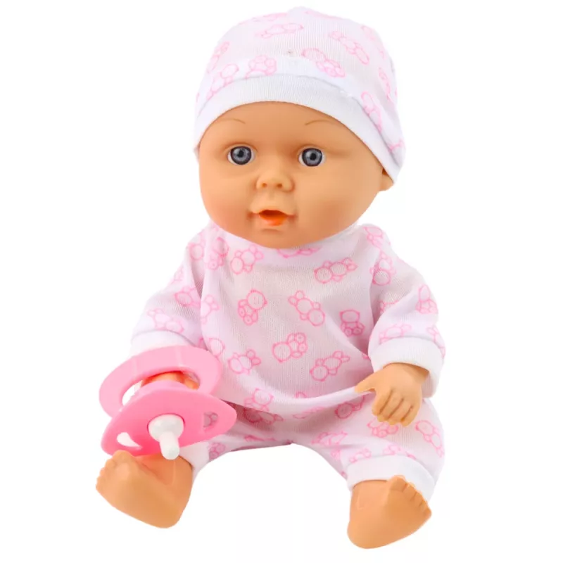 LEAN TOYS Muñeca bebé en bolsa de transporte con pijama, gorro y chupete, rosa