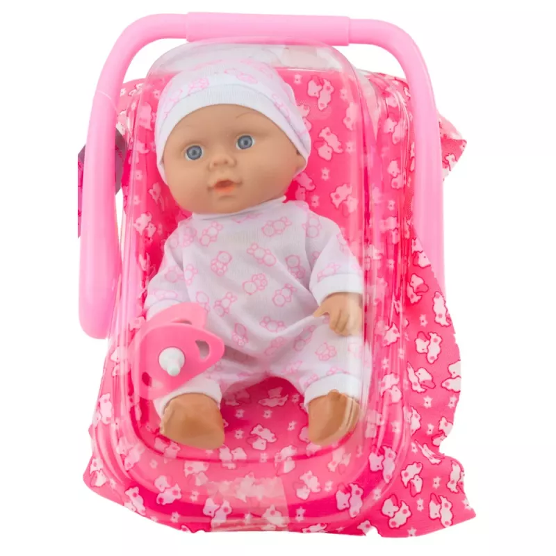 LEAN TOYS Muñeca bebé en bolsa de transporte con pijama, gorro y chupete, rosa