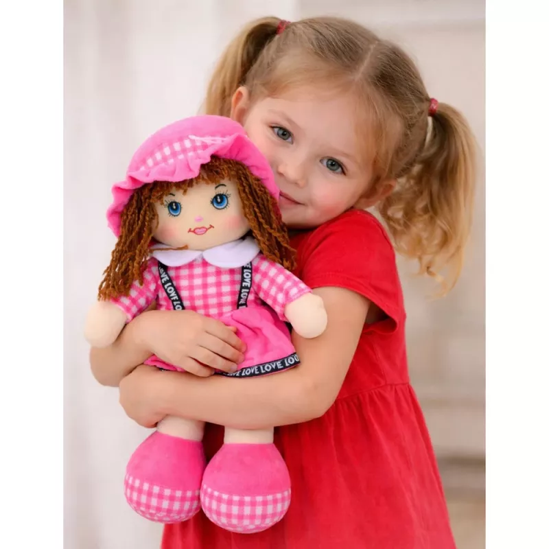 LEAN TOYS Muñeca de tela peluche vestido de cuadros rosa 35 cm