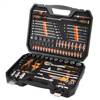 NEO TOOLS Juego de vasos de carraca 1/2, 1/4, 95 uds., CrV, espuma EVA