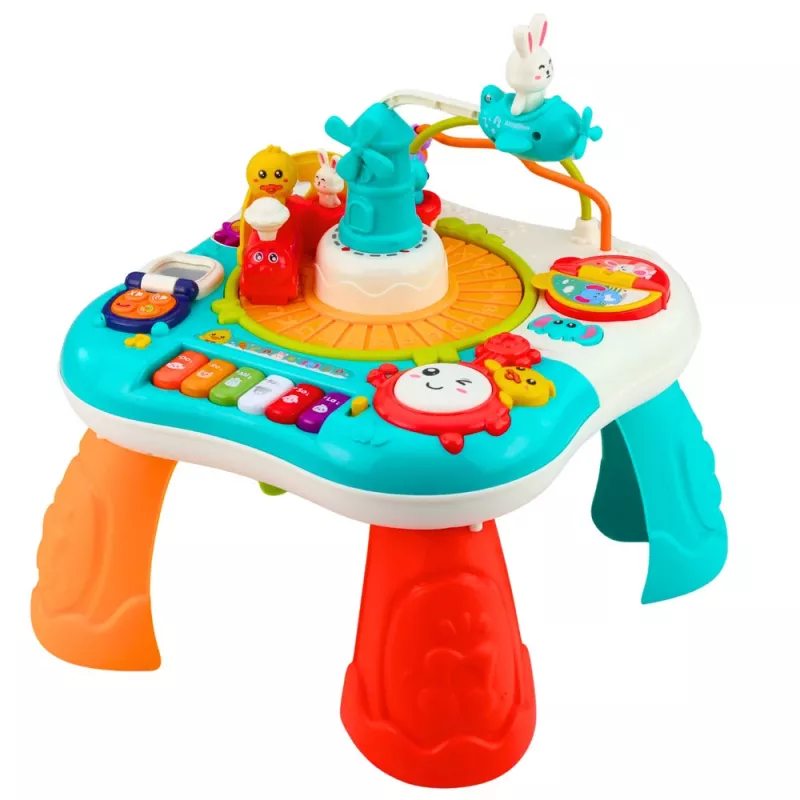 LEAN TOYS Mesa didáctica panel de música interactivo piano 2 en 1 turquesa