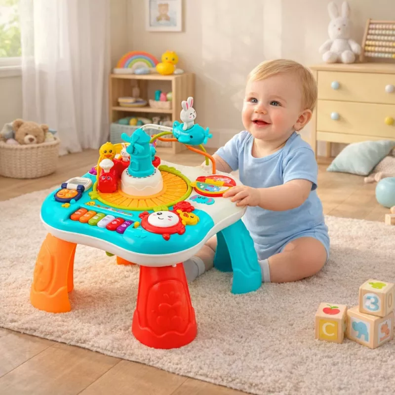 LEAN TOYS Mesa didáctica panel de música interactivo piano 2 en 1 turquesa