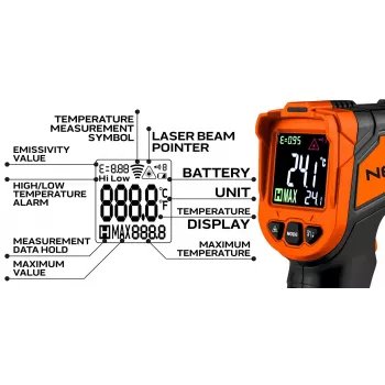 NEO TOOLS 75-276 pirómetro, termómetro infrarrojo sin contacto con doble puntero láser, -50°C a 880°C, 12:1 D:S, emisividad ajustable, LCD retroiluminada