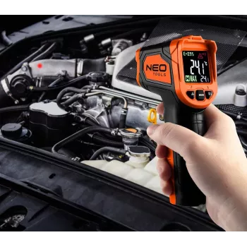 NEO TOOLS 75-276 pirómetro, termómetro infrarrojo sin contacto con doble puntero láser, -50°C a 880°C, 12:1 D:S, emisividad ajustable, LCD retroiluminada