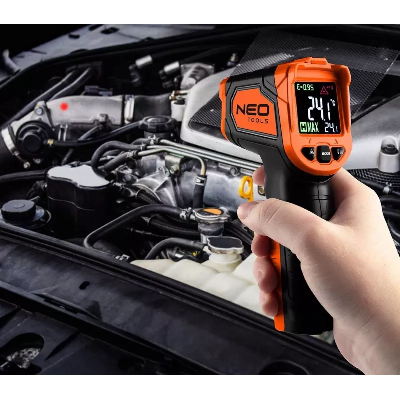 NEO TOOLS 75-276 pirómetro, termómetro infrarrojo sin contacto con doble puntero láser, -50°C a 880°C, 12:1 D:S, emisividad ajustable, LCD retroiluminada
