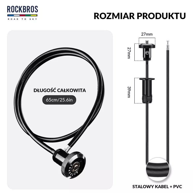Rockbros YG-HILRO1 ROAD TO SKY Candado de bicicleta, cable retráctil en el manillar - negro