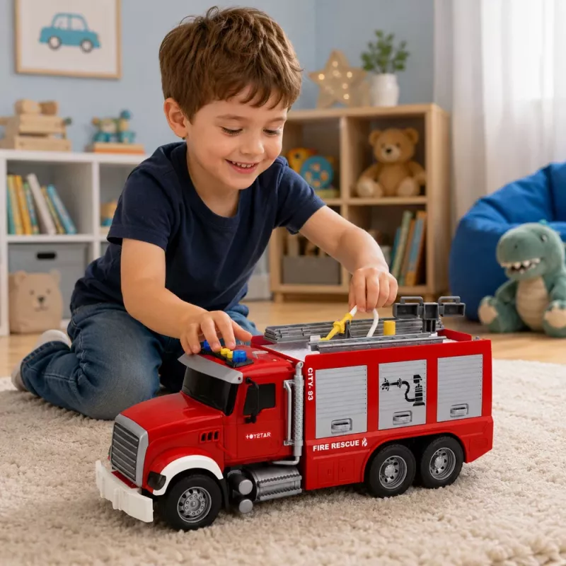 LEAN TOYS Camión de bomberos con escalera extensible, manguera de agua, luces y sonidos
