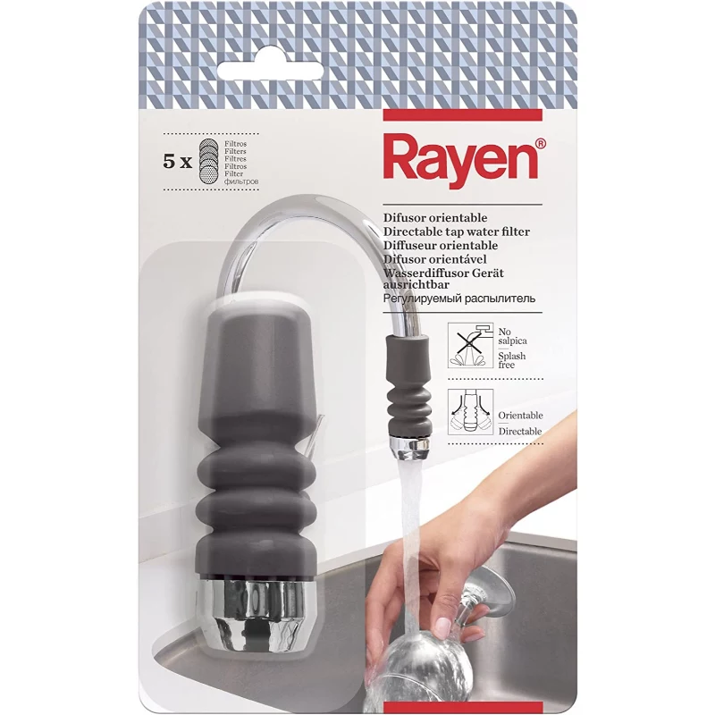 RAYEN 01083003 Filtro de agua de grifo ajustable – cerámica multifase, carbón activo y algodón PP, instalación sin herramientas, ajuste universal