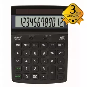 REBELL RE-ECO 450 BX calculadora de sobremesa, LCD de 12 dígitos, doble alimentación, plástico reciclado, negra