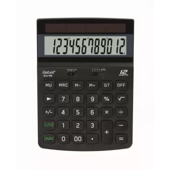 REBELL RE-ECO 450 BX calculadora de sobremesa, LCD de 12 dígitos, doble alimentación, plástico reciclado, negra