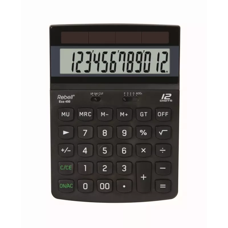 REBELL RE-ECO 450 BX calculadora de sobremesa, LCD de 12 dígitos, doble alimentación, plástico reciclado, negra