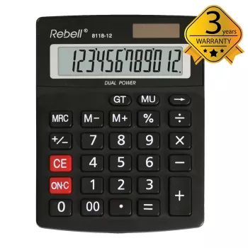 REBELL RE-8118-12 BX calculadora de bolsillo semidesktop, LCD inclinado de 12 dígitos, doble alimentación solar y pila, negra