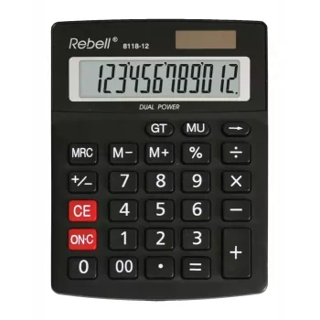 REBELL RE-8118-12 BX calculadora de bolsillo semidesktop, LCD inclinado de 12 dígitos, doble alimentación solar y pila, negra