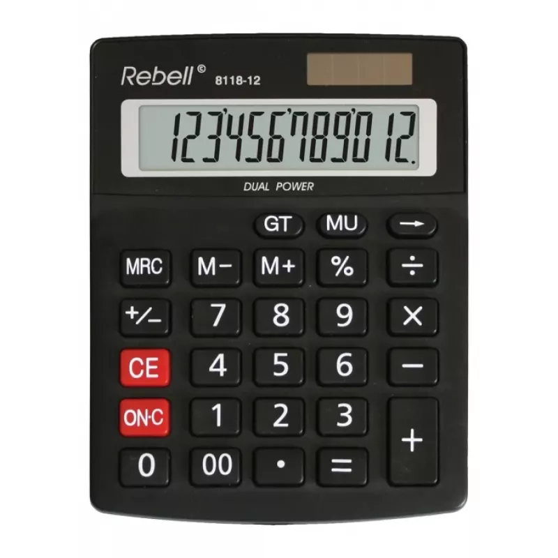 REBELL RE-8118-12 BX calculadora de bolsillo semidesktop, LCD inclinado de 12 dígitos, doble alimentación solar y pila, negra