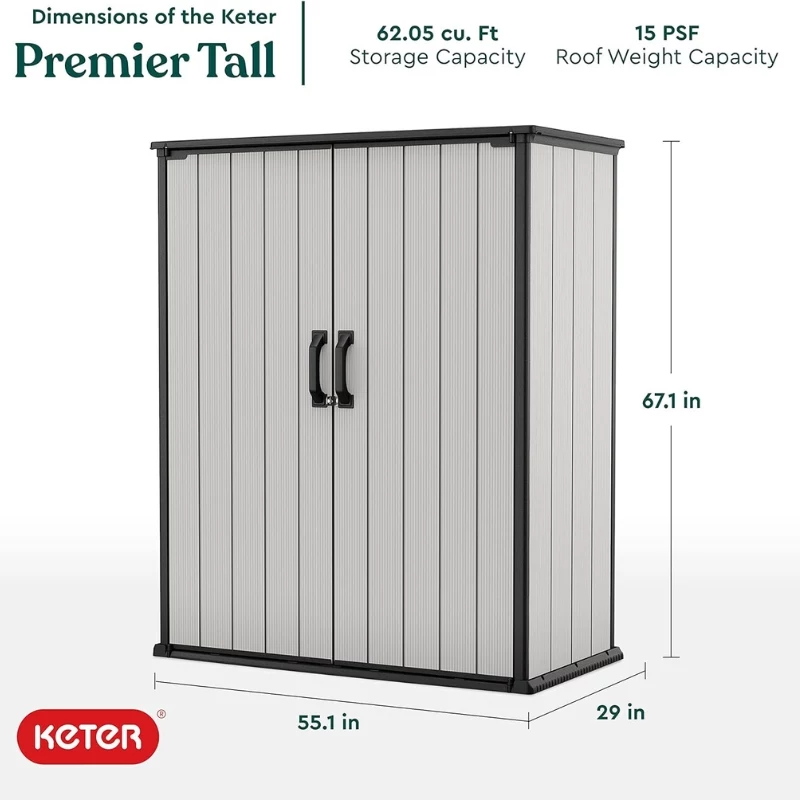 Keter Premier Tall caseta de jardín 29209552 – beige/marrón cobertizo de resina, 1700L, doble pared, con cerradura