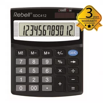 REBELL RE-SDC412 BX calculadora de sobremesa compacta, LCD de 12 dígitos, alimentación dual, negra