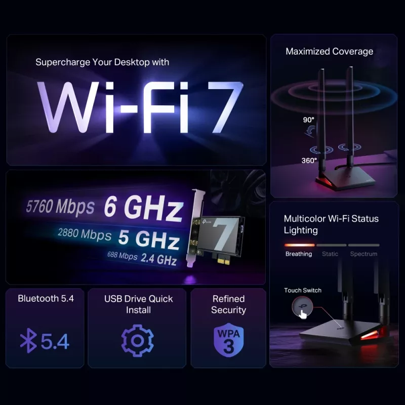 TP-Link Archer TBE550E WiFi 7 Bluetooth 5.4 adaptador BE9300 tribanda, PCI Express, 2 antenas externas
