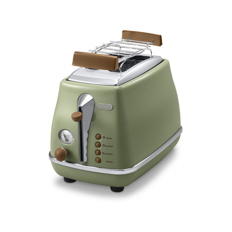 Tostadora DELONGHI Icona Vintage CTOV 2103.GR 900W, acero inoxidable, bandeja recogemigas, función descongelar, verde/embalaje dañado