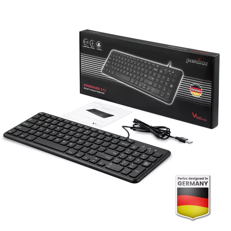 Perixx PERIBOARD-213 DE B Teclado USB con cable, distribución alemana (QWERTZ), interruptores de tijera, Negro