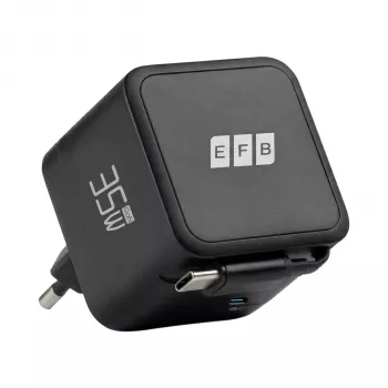 EFB Elektronik G352CE cargador de pared GaN USB-C 35W con cable retráctil de 0,7m, PD3.0 y QC3.0, negro