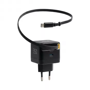 EFB Elektronik G352CE cargador de pared GaN USB-C 35W con cable retráctil de 0,7m, PD3.0 y QC3.0, negro