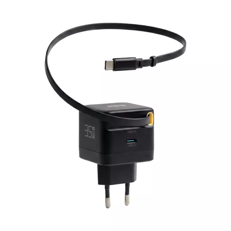 EFB Elektronik G352CE cargador de pared GaN USB-C 35W con cable retráctil de 0,7m, PD3.0 y QC3.0, negro