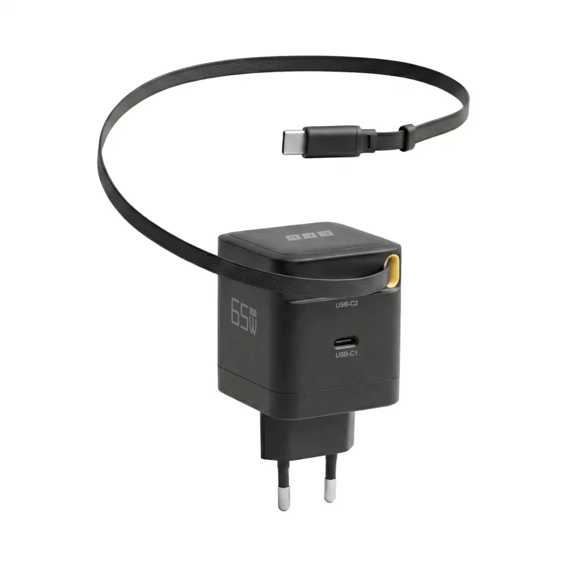 EFB Elektronik G652CE cargador de pared GaN USB-C PD 3.0 65W con cable retráctil, negro