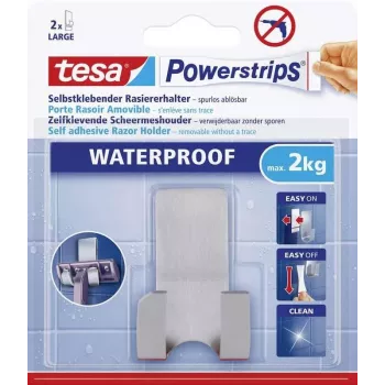 tesa Powerstrips soporte para maquinilla de afeitar WAVE RESISTENTE AL AGUA, acero inoxidable, para zonas húmedas (ducha/baño), 1 ud.