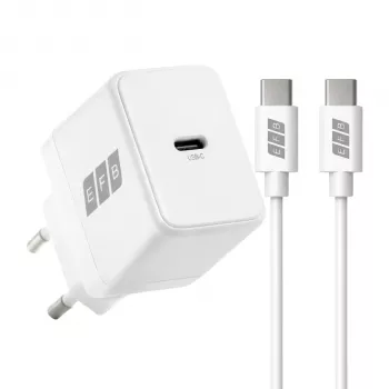 EFB Elektronik G201CE cargador de pared GaN USB-C de 20W con cable USB-C de 2m, PD3.0 y QC3.0, blanco